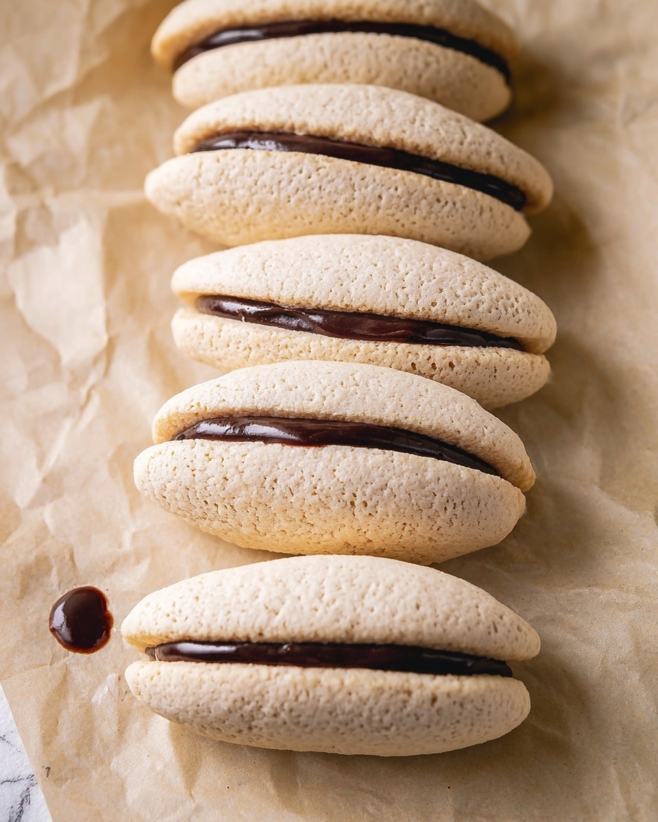 The image shows six oval-shaped cookies arranged in a row on beige crinkled paper. Each cookie has two light beige layers with a soft, slightly bumpy texture sandwiching a thin layer of smooth, dark brown filling that peeks out between the cookie layers. The dark filling contrasts with the pale cookie, and one cookie has a small drop of this filling visible on the paper. The cookies’ shape is slightly uneven, giving them a homemade look. The background is a white marbled texture. Photo taken with an iphone --ar 4:5 --v 7