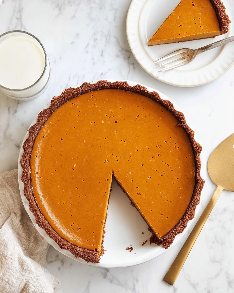 A round pumpkin pie with a glossy, smooth orange filling sits in a white plate, showing a single missing slice that reveals a dark brown crust with a slightly crumbly texture. The filling is evenly spread and dense, with tiny specks giving it a subtle texture. To the top right, a piece of the pie is placed on another white plate with a silver fork resting beside it. The scene is set on a white marbled surface with a glass of milk and a golden pie server partially visible. Photo taken with an iphone --ar 4:5 --v 7