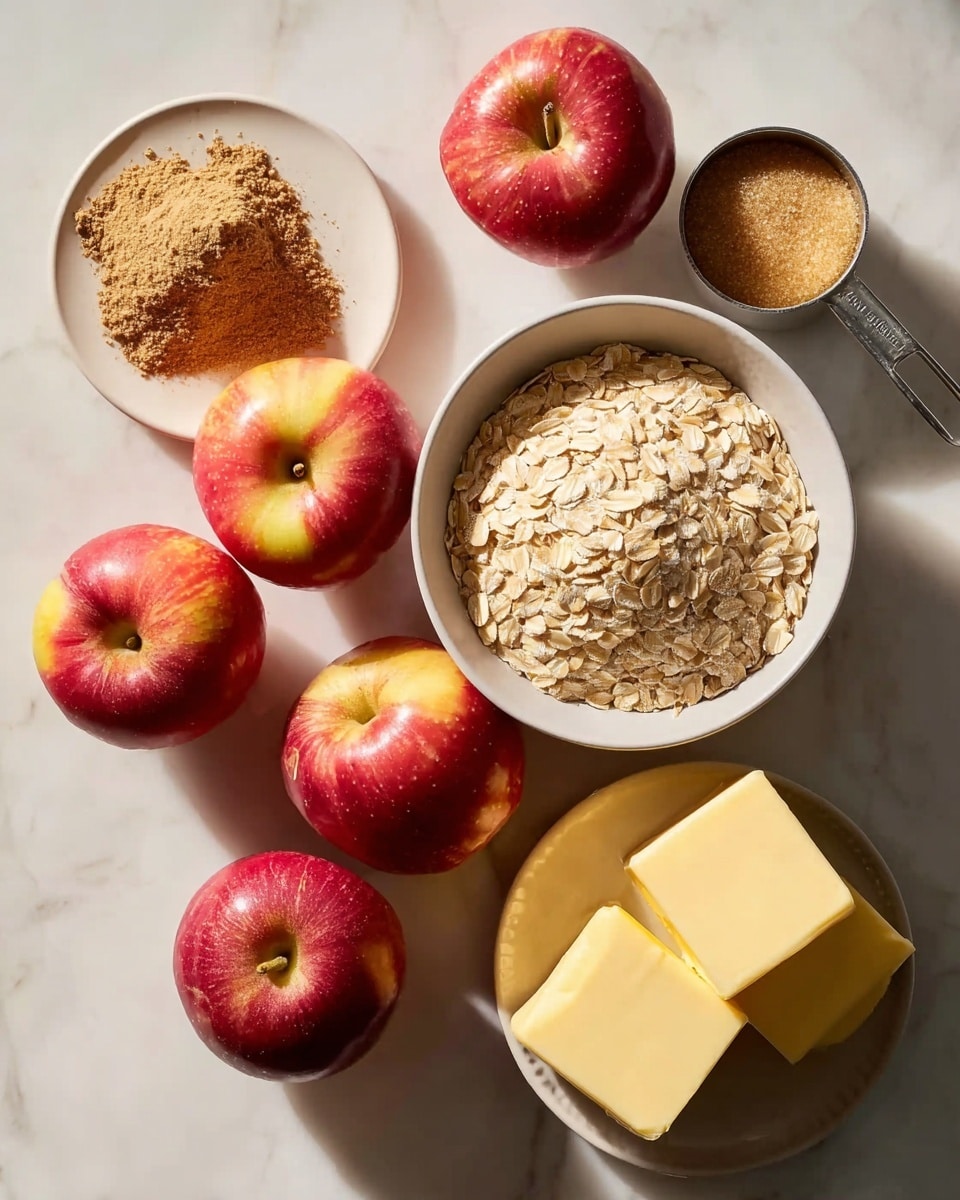 The image shows six red and yellow apples arranged around a white bowl filled with light beige rolled oats. To the upper left, a small white plate holds a mound of brown powder, and to the upper right, a metal measuring cup is filled with light brown sugar. At the bottom right, two light yellow blocks of butter rest on a small white plate. All the items are placed on a white marbled surface with soft, natural lighting casting gentle shadows. photo taken with an iphone --ar 4:5 --v 7
