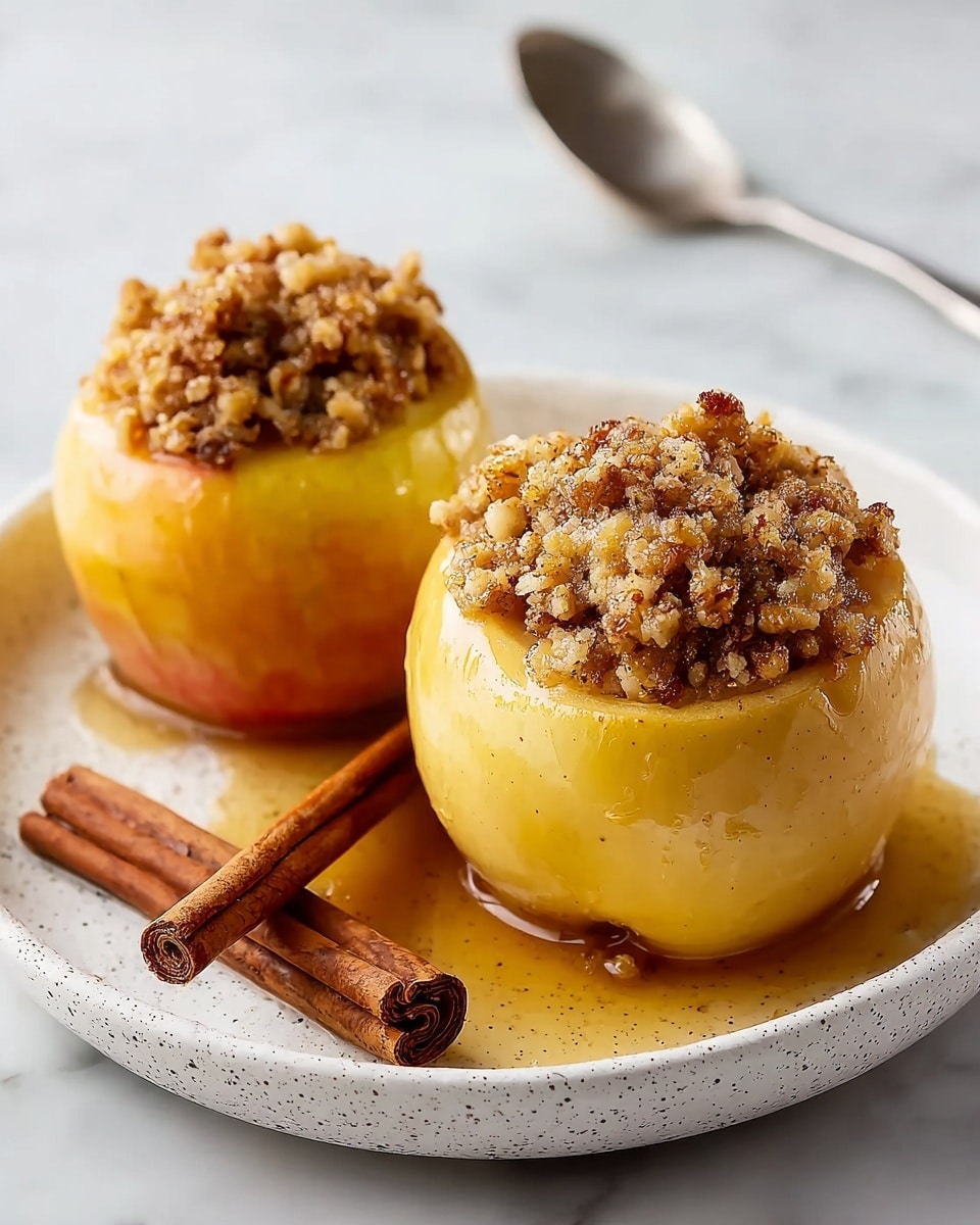 Two baked apples sit side by side on a white speckled plate, each hollowed out and filled with a crumbly, nutty brown topping that looks crisp and textured. The apples are a soft yellow with faint hints of red, and their skins appear slightly glossy from the syrup pooling around them on the plate. Next to the apples are two cinnamon sticks resting on the plate. A silver spoon lies blurred in the background on a white marbled surface. The photo taken with an iphone --ar 4:5 --v 7
