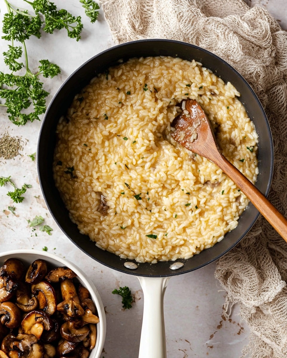 The image shows a black pan with a white handle filled with creamy risotto rice, which is light golden in color with a soft, slightly shiny texture, partially stirred by a wooden spoon resting inside the pan. The risotto layer is evenly spread across the pan with some herbs visible mixed in. To the bottom left, there is a white bowl containing a variety of cooked mushrooms in different browns and tan shades, showing a mix of textures from soft to slightly crispy. The whole setup is placed on a white marbled surface with a beige and white cloth napkin and green parsley sprigs beside the pan. photo taken with an iphone --ar 4:5 --v 7