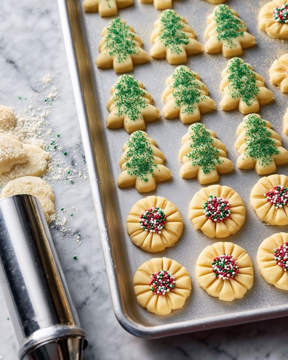 The image shows a baking sheet with two types of unbaked cookies arranged in rows. The first type is shaped like trees with a light yellow dough, decorated with green sugar sprinkles evenly spread on top, showing clear ridges and a small trunk at the bottom. The second type consists of round flower-shaped cookies with layered petal-like edges and a center decorated with red, green, and white small round sprinkles. The baking sheet itself is silver and shows some scattered green sugar around the cookies. In the bottom right corner, there is a stainless steel cookie press resting on the sheet. The background is a white marbled texture photo taken with an iphone --ar 4:5 --v 7