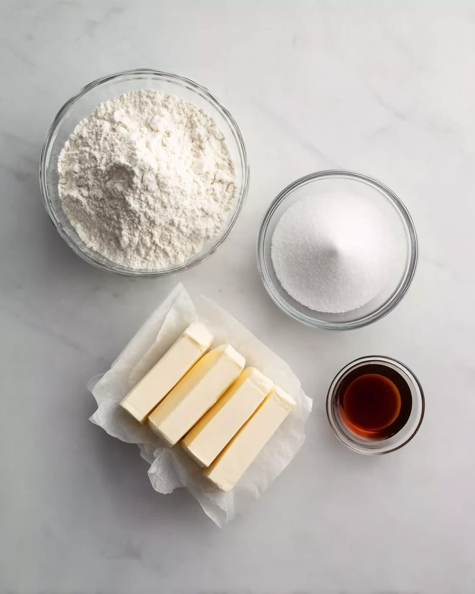 A white marbled surface holds a large clear glass bowl filled with white flour on the left side. To its right, there is a smaller clear glass bowl filled with white sugar. Below the sugar bowl, four sticks of butter are wrapped in white paper and placed side by side in a row. To the right of the sugar bowl is a small clear glass cup containing a dark brown liquid, likely vanilla extract. All items are arranged neatly and evenly spaced. photo taken with an iphone --ar 4:5 --v 7