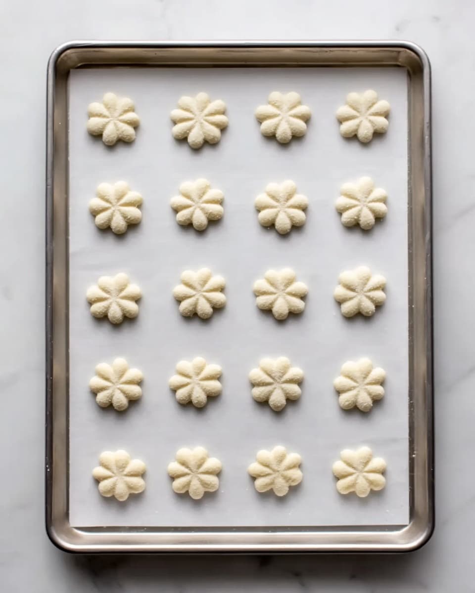 The image shows a metal baking tray lined with white parchment paper on a white marbled surface. On the paper, there are fifteen small dough pieces shaped like flowers with seven rounded petals each, arranged in three neat rows of five. The dough is pale and smooth with a slightly powdery texture, and each flower sits evenly spaced from the others. photo taken with an iphone --ar 4:5 --v 7