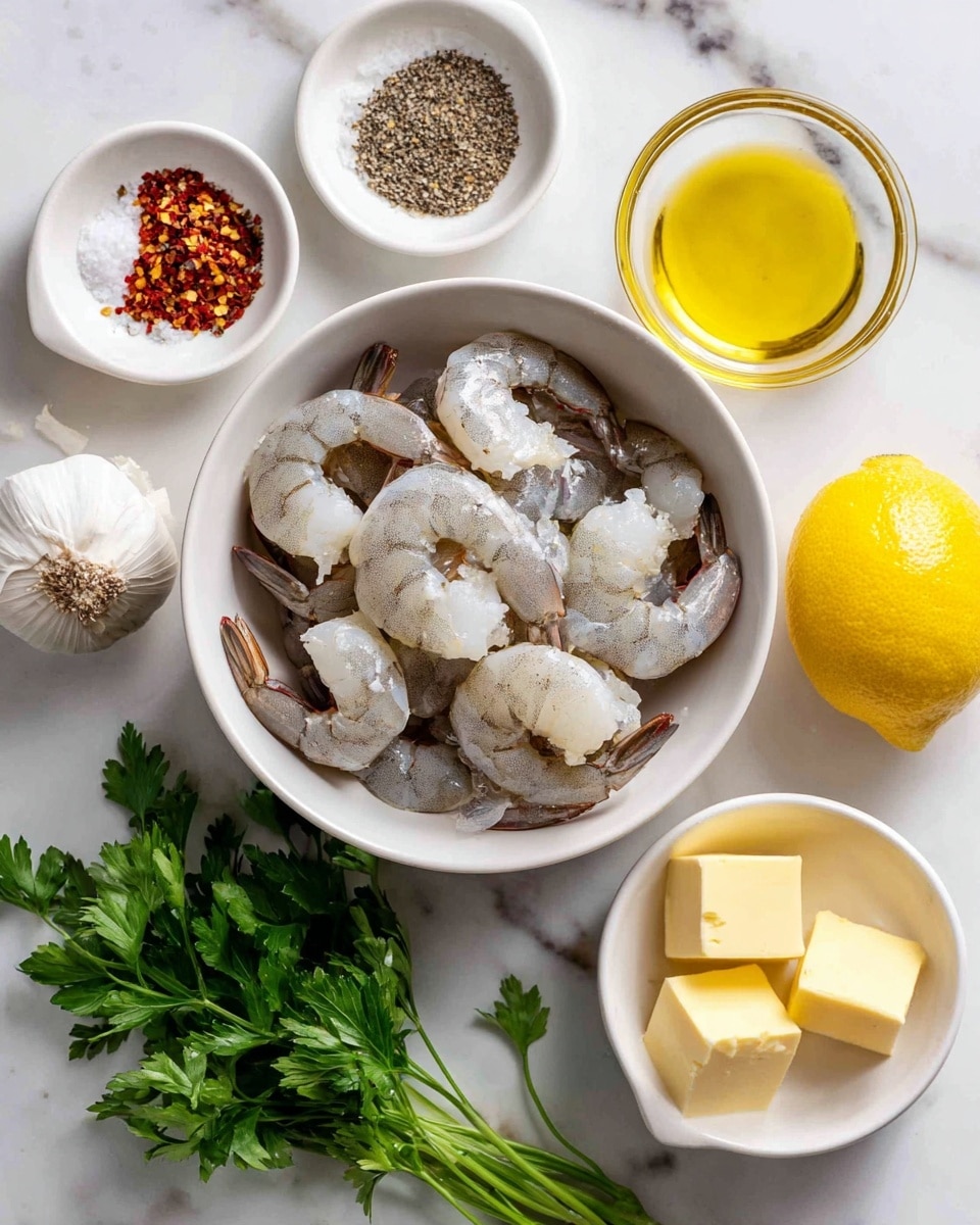 A white bowl filled with raw peeled shrimp with tails, showing a pale grey and white color with touches of dark near the tails, placed on a white marbled surface. Surrounding the bowl are small white dishes and bowls holding ingredients: a small white bowl with crushed red pepper flakes in red and dark red shades, another with finely ground black pepper in dark grey, and a third with two yellow butter cubes. Next to these is a small transparent glass bowl filled with golden yellow olive oil. Nearby on the surface are a whole bright yellow lemon, fresh green parsley leaves, a whole white garlic bulb with a short stalk, and a small white bowl filled with coarse white kosher salt. All items are spaced neatly on the white marbled background. Photo taken with an iphone --ar 4:5 --v 7