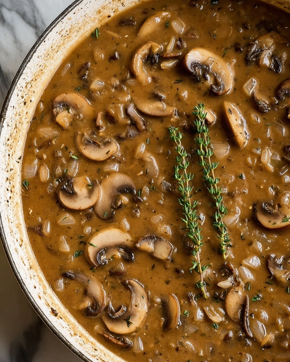 A close-up view of a white pan filled with a thick mushroom sauce that has a rich brown color. Inside the sauce, there are many thinly sliced mushrooms floating, showing light tan tops and darker brown undersides with a soft texture. Small pieces of onion and herbs are mixed in, adding fine texture details. Two fresh green sprigs of thyme rest on top in the center, standing out against the smooth brown sauce. The pan edge is lightly stained with some splashes of sauce. The background is a white marbled surface. Photo taken with an iphone --ar 4:5 --v 7