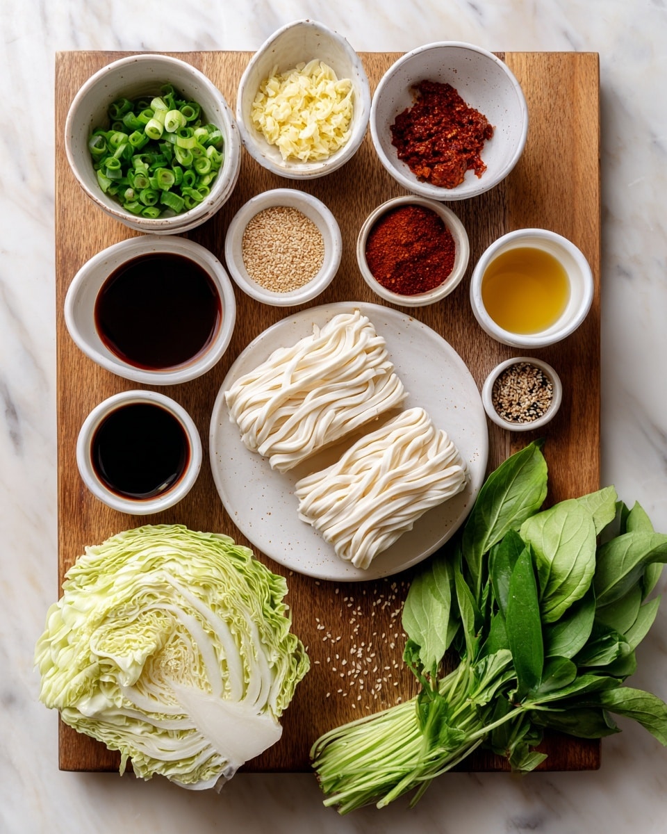 The image shows a wooden board on a white marbled surface holding various small white bowls and a white plate with blocks of udon noodles. On the white plate in the center are two pale, thick udon noodle blocks with a soft texture. Surrounding the plate are small white bowls filled with different ingredients: reddish-brown gochujang paste, dark brown soy sauce, light brown brown sugar, bright red gochugaru flakes, golden toasted sesame oil, and beige sesame seeds. On the top left, a white bowl contains chopped green scallions, minced yellow ginger, and minced white garlic. To the right of the board, there is a bunch of fresh bright green Thai basil leaves and a half head of light green napa cabbage with textured, leafy layers. The whole setup is arranged neatly on the wooden board with soft natural light showing the colors vividly. Photo taken with an iphone --ar 4:5 --v 7