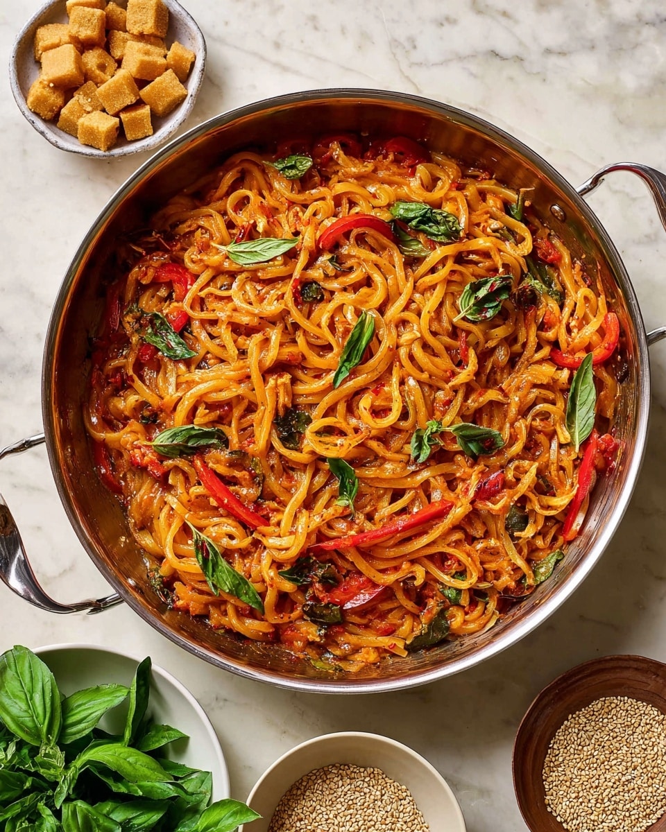 A metal pan filled with thick white noodles coated in a reddish-orange sauce mixed with pieces of red bell peppers and green herbs spread throughout. The noodles and vegetables have a glossy texture with a few fresh green basil leaves scattered on top. Around the pan, there is a white marbled surface and three white bowls: one with small light brown cubes, one with sesame seeds, and one with fresh green basil leaves. Photo taken with an iphone --ar 4:5 --v 7