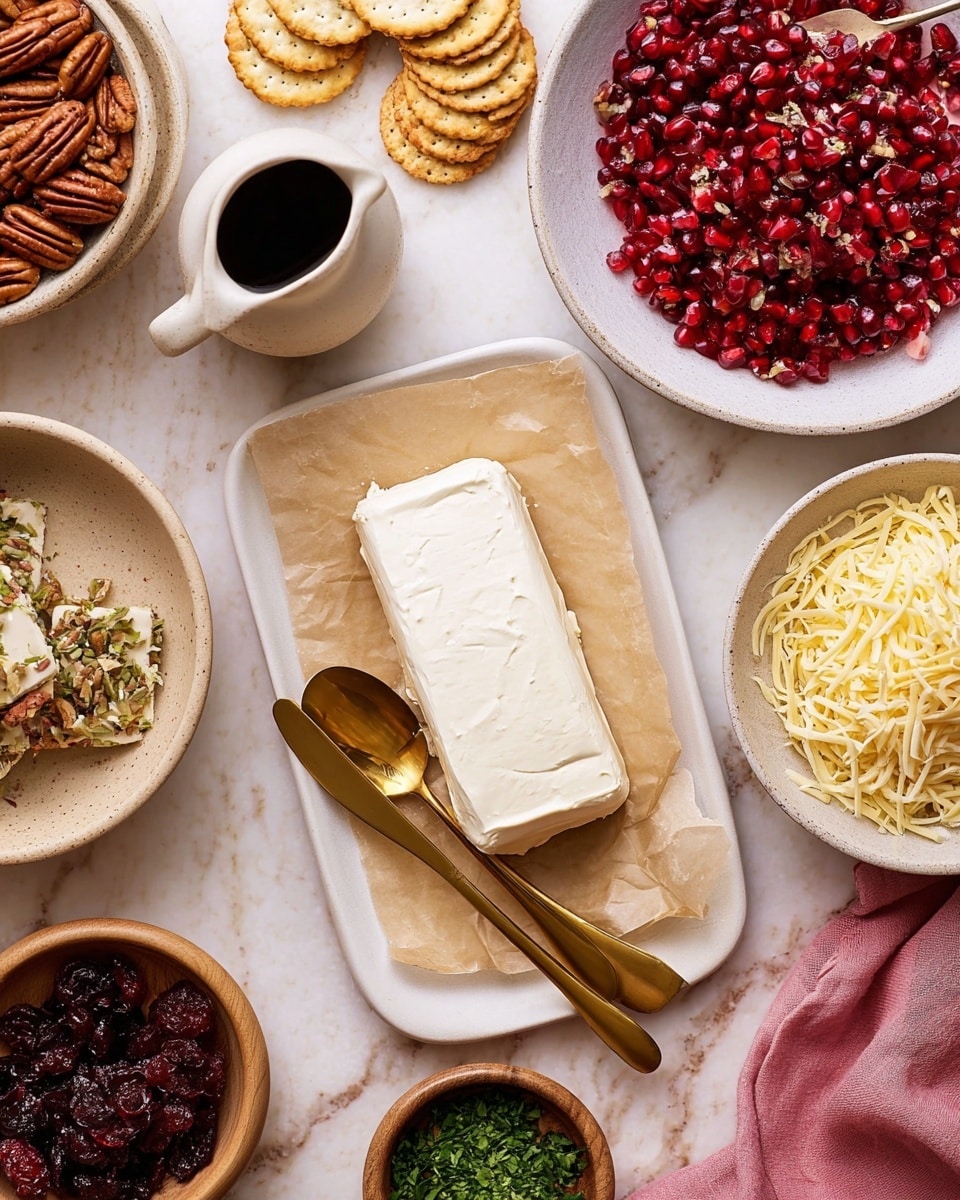A white rectangular plate in the center holds a block of smooth cream cheese on a piece of brown parchment paper, with two gold spreader knives placed to its right. Surrounding the plate are various bowls and foods: at the top right, a white bowl filled with shiny, deep red pomegranate seeds with a gold spoon inside; to the bottom right, a bowl full of shredded pale yellow cheese next to round, golden crackers. To the left, a rustic beige bowl holds pecans, and a small white pitcher with dark liquid sits by it. There is also a small wooden bowl filled with finely chopped green herbs near the bottom left and a small light pink bowl with dried dark red cranberries nearby. The whole scene is set on a white marbled surface with a pink cloth partially in the top right corner photo taken with an iphone --ar 4:5 --v 7