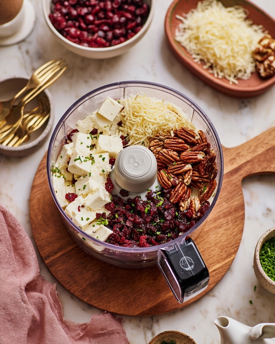 A clear food processor bowl sits on a wooden board over a white marbled surface. Inside the bowl are several layers: large creamy white chunks of soft cheese on the left, a layer of shredded pale yellow cheese scattered across the top, bright dark red dried cranberries spread evenly, whole glossy brown pecans piled on the right, and small green chopped chives sprinkled throughout and over the other ingredients. The black handle of the food processor is visible on the right side. Surrounding the bowl are bowls of shredded cheese and dried cranberries, a small white jug, and brass cheese knives on a wooden tray with a light pink cloth nearby. photo taken with an iphone --ar 4:5 --v 7
