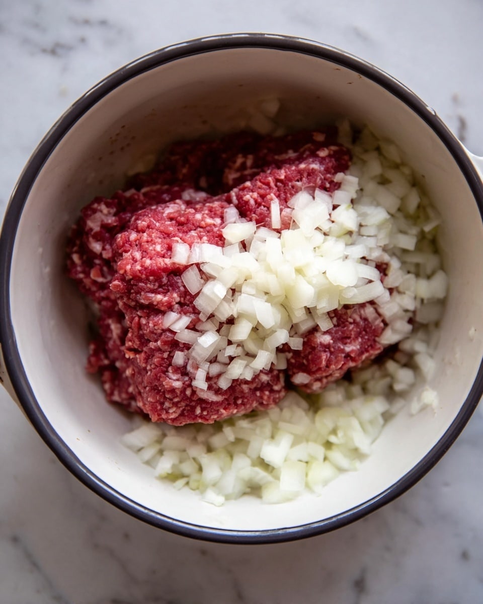 The image shows a close-up view of a white bowl with a dark rim sitting on a white marbled surface. Inside the bowl, there is a thick mound of reddish ground meat placed at the center. On top of and around the meat, there is a generous pile of finely chopped white onions, scattered lightly over the sides of the meat and the bottom of the bowl. The colors contrast well, with the deep red of the meat and the bright white of the onions creating a clear visual separation. photo taken with an iphone --ar 4:5 --v 7