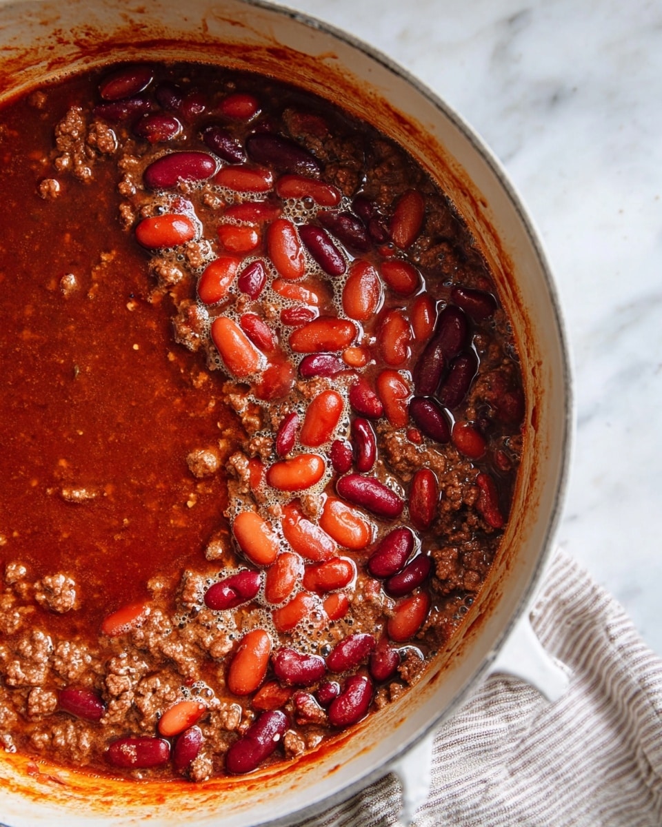 The image shows a close-up of a white pot filled with a thick, dark red tomato-based sauce as the bottom layer, mixed with cooked ground meat, which adds a crumbly texture in some spots near the edge. On top of this sauce, there is a layer of light and dark red kidney beans soaking in a shiny liquid, with some bubbles visible on the surface. The pot is placed on a white marbled surface with a striped cloth visible beside it. Photo taken with an iphone --ar 4:5 --v 7