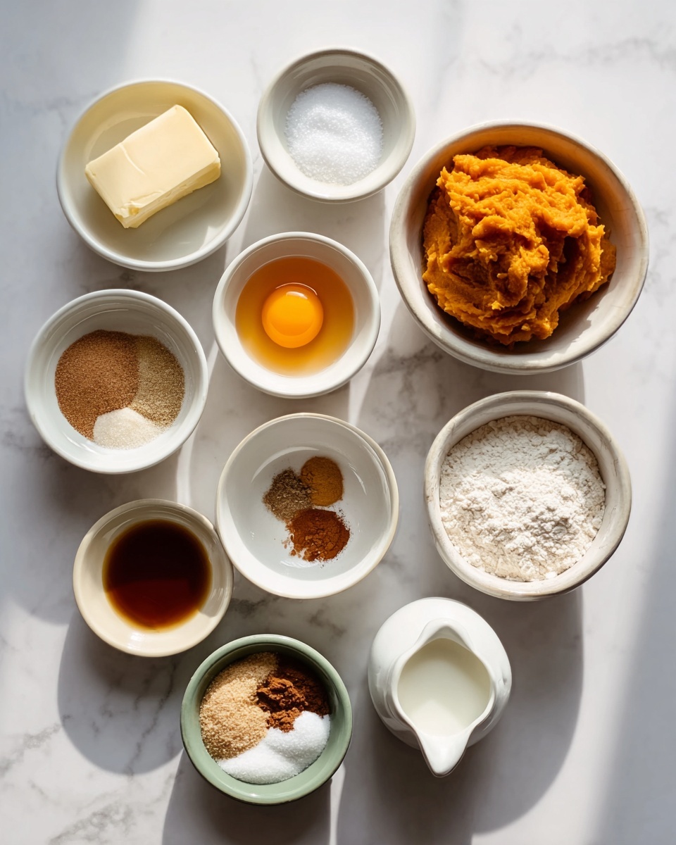 Pumpkin Pie Cookies Recipe 4 The image shows eleven small white bowls and one small glass jug arranged neatly on a white marbled surface. The bowls hold different ingredients: a block of pale yellow butter in the top left, white granulated sugar next to it, light brown sugar below the sugar, a bright orange egg yolk in clear egg white nearby, and a bowl of rich orange mashed pumpkin to the right. Below them are a bowl of white flour, a small bowl with salt, a shallow bowl with cinnamon and another brown spice, a bowl with dissolved vanilla extract, and a bowl with a mix of white and light brown spices. The small white jug contains milk, placed in the bottom right corner. The lighting shows soft shadows and textures in the ingredients. photo taken with an iphone --ar 4:5 --v 7