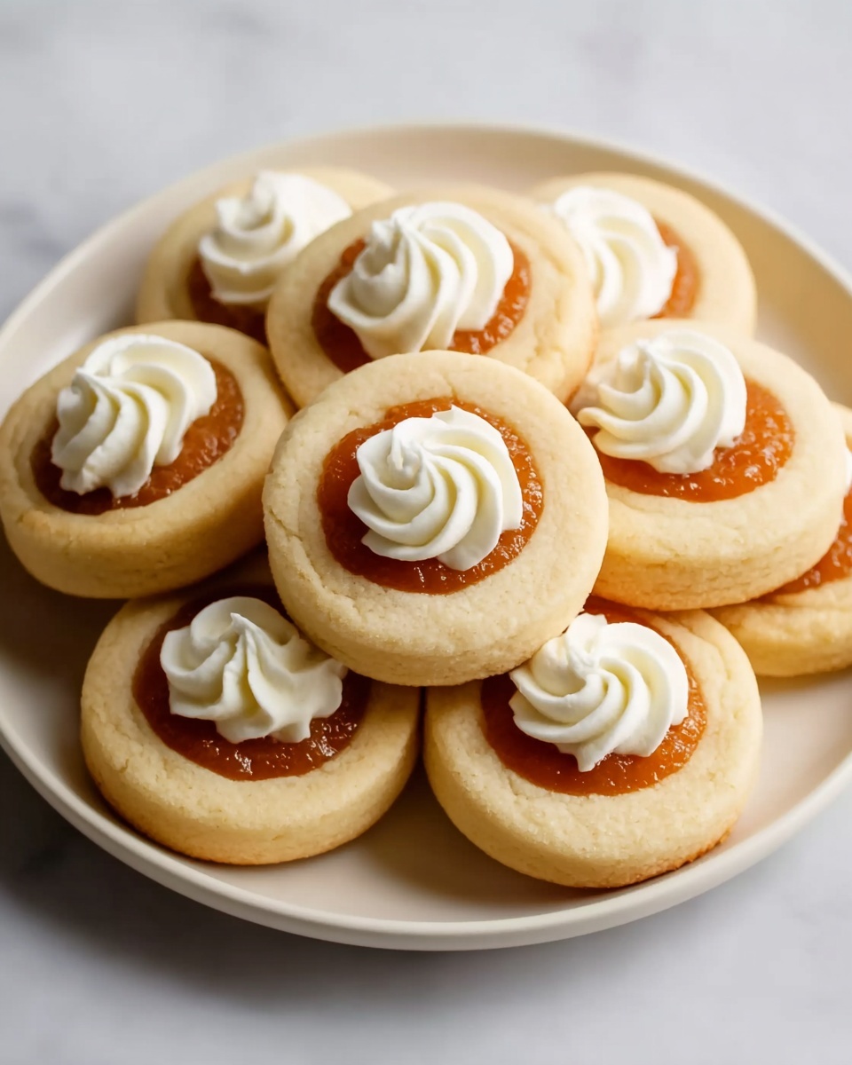 Pumpkin Pie Cookies Recipe 5 A white plate holds a stack of round cookies, each with two clear layers: a thick, light cream-colored base with a smooth texture and a smaller, orange-brown filling in the center that looks soft but firm. On top of each cookie, there is a small swirl of white cream in the middle, adding a decorative touch. The background shows a white marbled surface, making the plate and cookies stand out. photo taken with an iphone --ar 4:5 --v 7