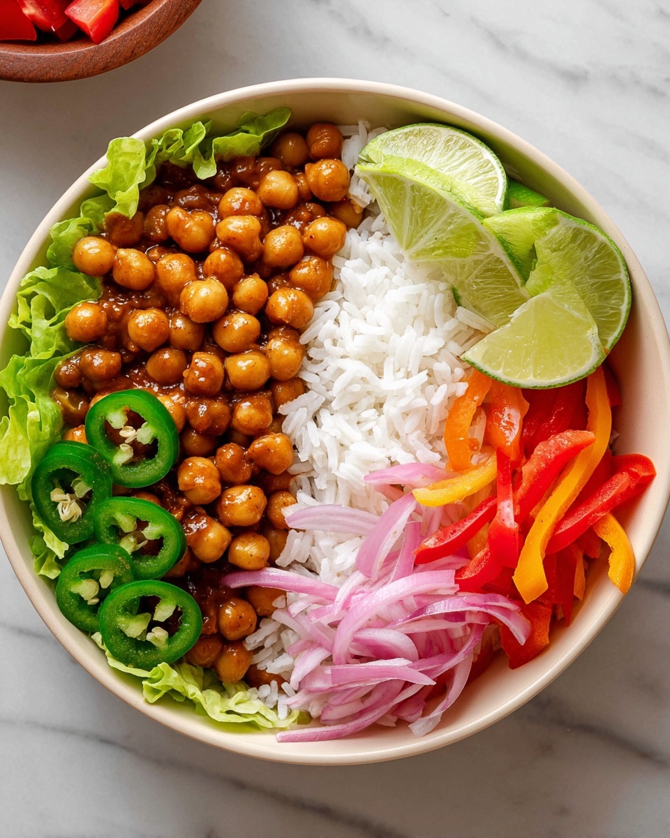 A bowl filled with six main layers arranged side by side includes bright green lettuce leaves on the left, cooked round chickpeas with a brown sauce in the bottom center, and white rice topped with thin slices of pinkish-red onion on the right. Above the chickpeas are thin slices of red and orange bell peppers, and next to the lettuce are green sliced jalapeños. The top center shows small diced red tomatoes with three lime wedges leaning against the side of the bowl. The bowl is white and placed on a white marbled surface. Photo taken with an iphone --ar 4:5 --v 7