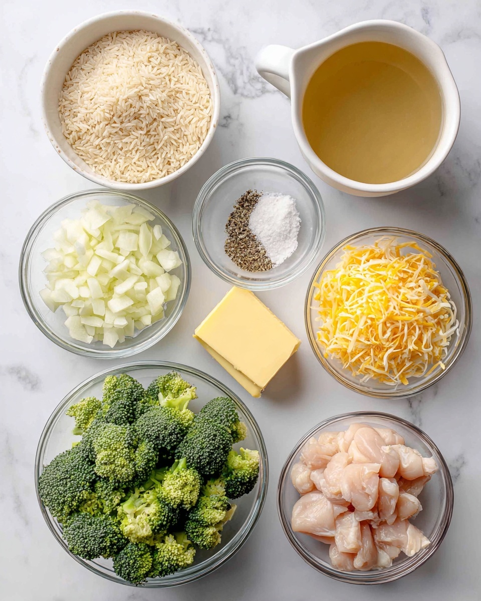 The image shows several small clear glass bowls and a white bowl arranged on a white marbled surface, each filled with different cooking ingredients. There is one white bowl near the top left filled with uncooked basmati rice, light beige in color and grainy in texture. To its right is a small clear bowl with a mix of white salt and black pepper granules. Below that is another small clear bowl holding a rectangular block of yellow dairy-free butter. Near the center is a clear bowl filled with fresh green broccoli florets that have a mix of bright green and darker green colors, showing their rough texture. Around the broccoli are three more clear bowls: one with pale white and yellow chopped onions, one with shredded yellow dairy-free cheddar cheese, and one with light pink raw chicken pieces that look soft and smooth. Finally, on the right side, there is a small white sauce pitcher filled with golden chicken broth. All items are neatly spread out for clear visibility photo taken with an iphone --ar 4:5 --v 7