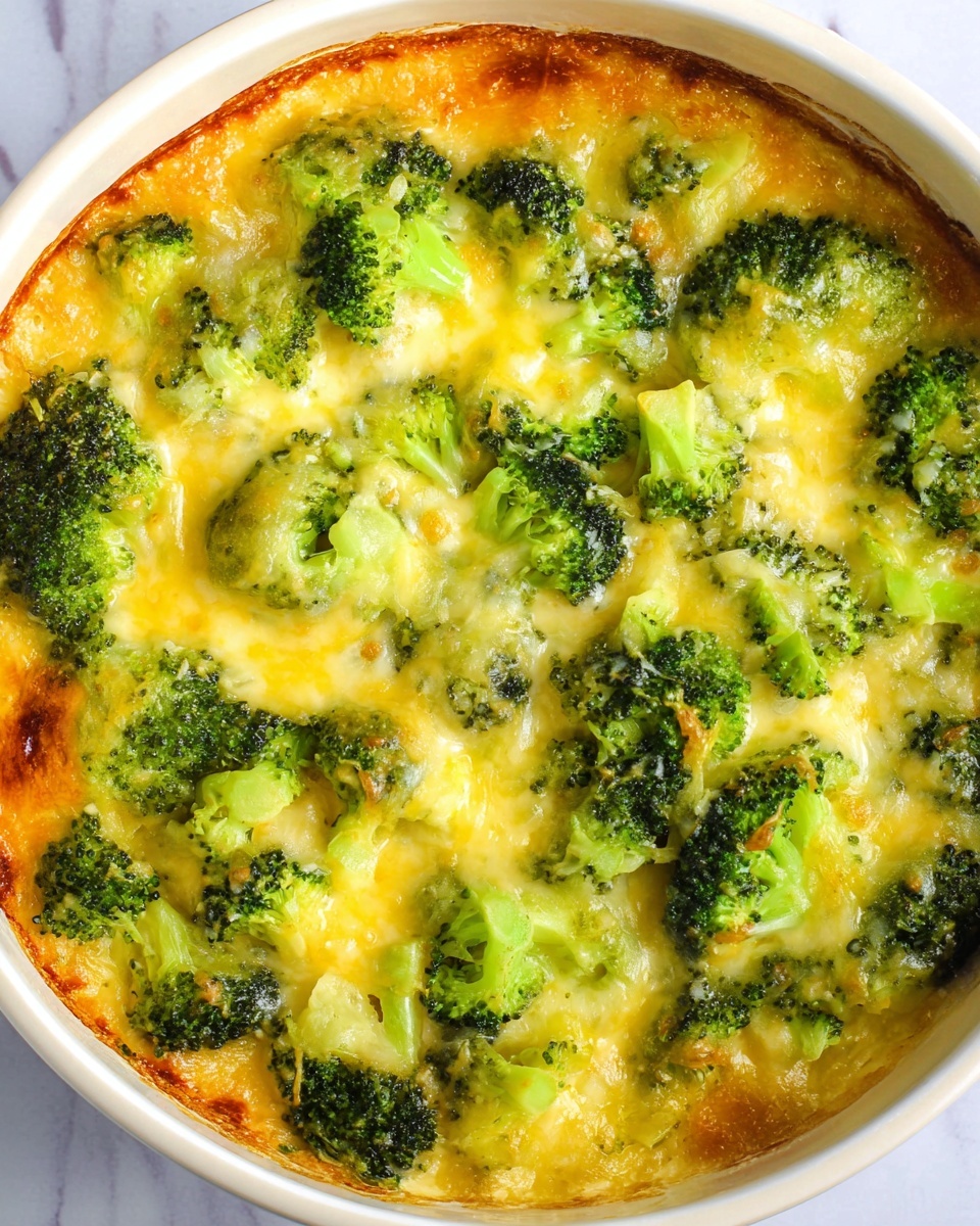 The image shows a close-up of a round white bowl filled with a broccoli and cheese dish. The top layer is a mix of bright green broccoli florets covered in melted yellow cheese that looks soft and creamy. Around the edges of the bowl, the cheese has browned slightly, forming a crispy golden crust. The broccoli pieces are medium-sized and have a tender, moist texture. The background has a white marbled surface. photo taken with an iphone --ar 4:5 --v 7