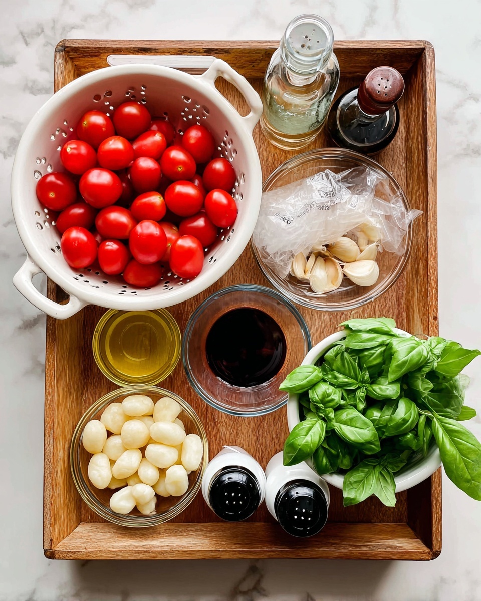 Pan-fried Gnocchi with Cherry Tomato Sauce Recipe 4 A wooden tray holds all the ingredients neatly arranged on a white marbled surface. On the left, a large white colander filled with many bright red cherry tomatoes. In the middle, a small open plastic bag with pale gnocchi pieces is placed beside a small clear glass cup of dark honey and a bottle of dark balsamic vinegar. Nearby, a small clear bowl with shiny golden olive oil and another bowl with several peeled white garlic cloves sit close together. On the right side, a white colander filled with fresh green basil leaves stands next to black and white salt and pepper shakers. The setup looks fresh and organized, ready for cooking, photo taken with an iphone --ar 4:5 --v 7
