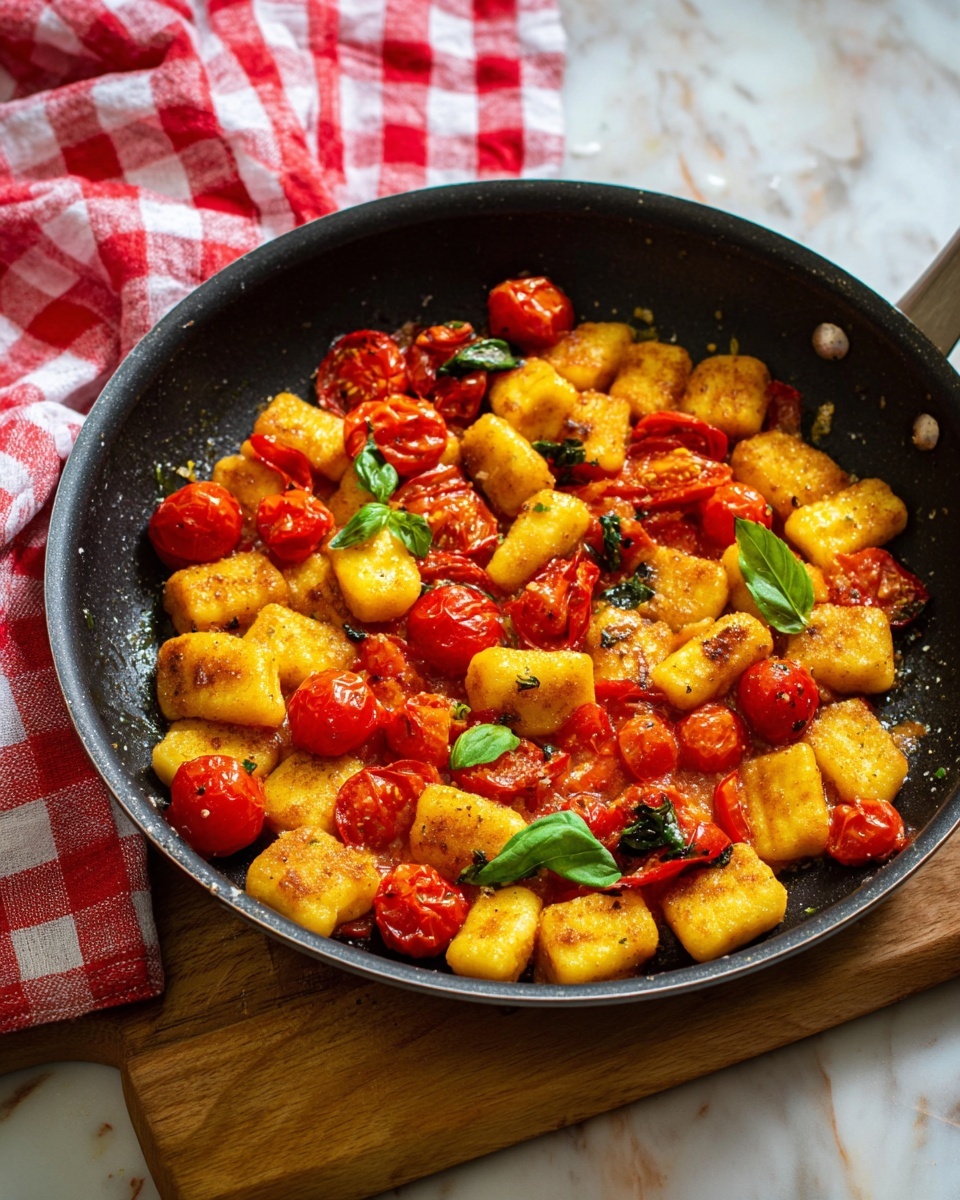 Pan-fried Gnocchi with Cherry Tomato Sauce Recipe 5 The image shows a black non-stick pan filled with small golden-brown gnocchi pieces, crispy on the outside and arranged evenly throughout the pan. Mixed among the gnocchi are bright red cherry tomatoes, some whole and some slightly softened and bursting, releasing a rich red sauce that coats the gnocchi lightly. There are small pieces of dark green basil leaves scattered on top, adding a fresh contrast. The pan sits on a wooden board, and in the background is a red and white checkered cloth draped casually over a white marbled surface. The lighting highlights the warm, vibrant colors and textures of the dish clearly. photo taken with an iphone --ar 4:5 --v 7