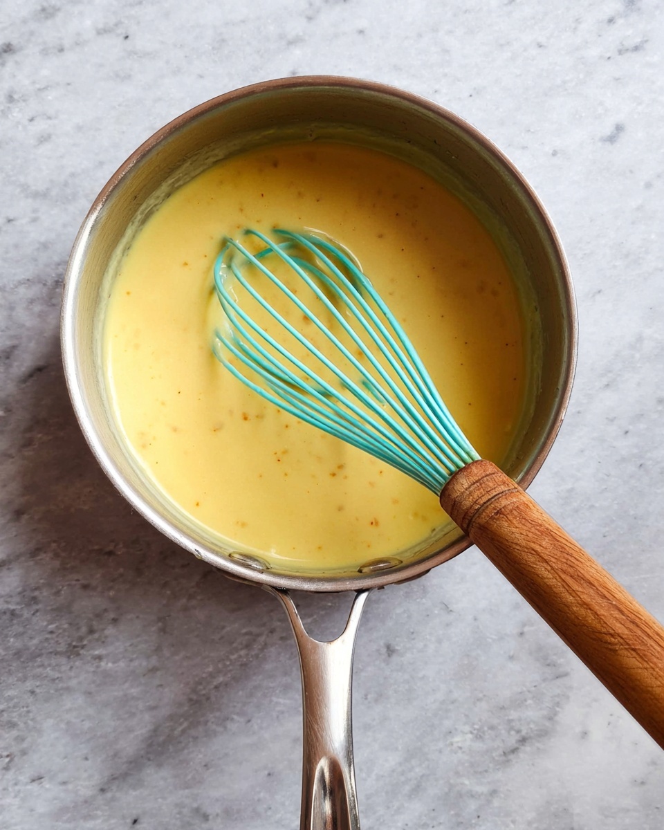 A stainless steel saucepan filled with a smooth, creamy yellow sauce with tiny specks, showing a slightly thick texture. Inside the saucepan is a whisk with a wooden handle and turquoise silicone wires, positioned midmix in the sauce. The pot is placed on a white marbled surface, giving a clean and simple background. photo taken with an iphone --ar 4:5 --v 7