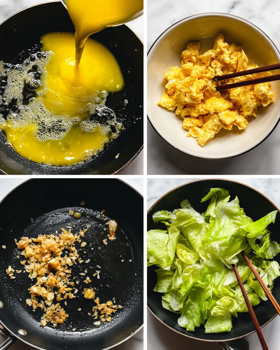 Easy Cabbage and Egg Stir Fry Recipe 4 The image shows four parts of a cooking process. The first part, at the top left, has a close-up of a pan with an egg mixture being poured in, showing a bright yellow, slightly bubbly texture spreading in the black pan. At the top right, cooked scrambled eggs with a fluffy, soft texture and pale yellow color are being moved using wooden chopsticks into a white bowl. The bottom left part depicts finely chopped garlic and ginger, with a crunchy light brown and white color, sizzling in a black pan with oil glistening around them. The bottom right shows fresh, bright green lettuce being stirred with wooden chopsticks in the black pan. Everything is placed on a white marbled surface. Photo taken with an iphone --ar 4:5 --v 7