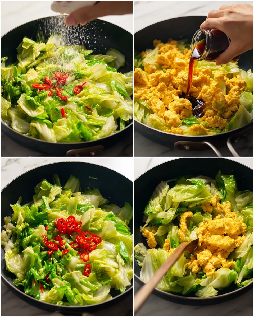 Easy Cabbage and Egg Stir Fry Recipe 5 A black pan is shown with a mix of three layers inside. The bottom layer consists of bright green chopped cabbage leaves spread across the pan. On top of the cabbage, there is a layer of soft, bright yellow scrambled egg pieces. A woman's hand is seen in two shots, one spraying a light-colored powder over the cabbage and eggs, and another pouring a dark liquid seasoning on them. The final image shows the cabbage and eggs mixed together, with small red chili slices added on top, all placed on a white marbled surface. Photo taken with an iphone --ar 4:5 --v 7
