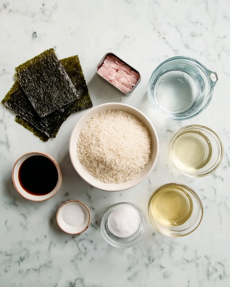 The image shows ingredients neatly placed on a white marbled surface. On the left, there are dark green square seaweed sheets stacked. To the right, there is a round white bowl filled with white rice grains in the center. Above the rice bowl is a small rectangular open can of light pink fish or meat. Surrounding the rice bowl are small clear glass bowls: at the top right is a measuring cup of clear water, below it are two clear bowls with light yellow and clear liquids, and below those is a small round bowl of white sugar. To the left of the rice bowl are two small dark liquid-filled bowls, one slightly larger than the other. The arrangement forms a tidy layout of ingredients for a meal, photo taken with an iphone --ar 4:5 --v 7