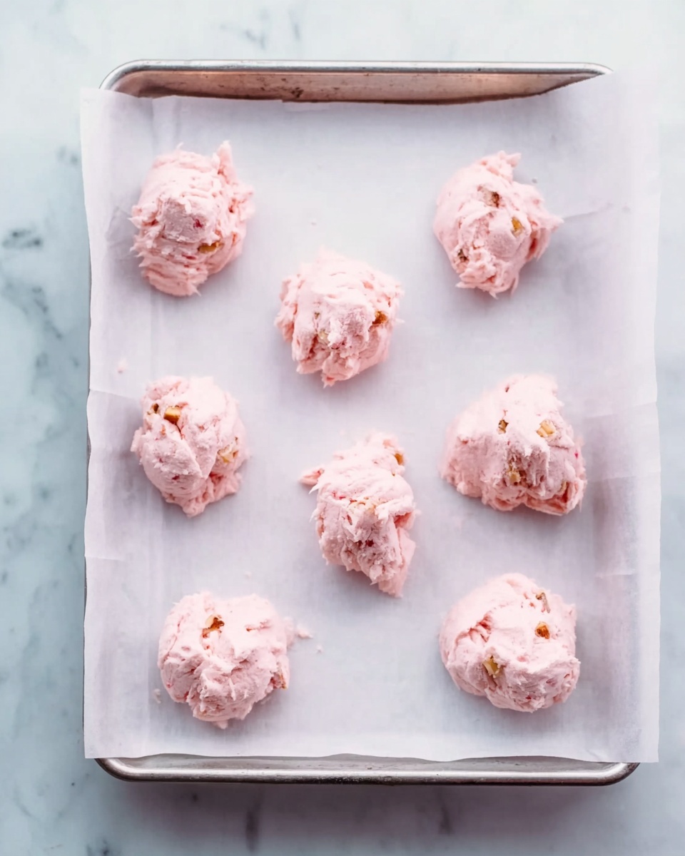 The image shows a baking tray lined with white parchment paper, holding nine uneven dollops of light pink dough. Each dough mound has a rough, soft texture with small bits of nuts or fruit peeking through. The tray is set on a white marbled surface, giving a clean, bright background. Photo taken with an iphone --ar 4:5 --v 7