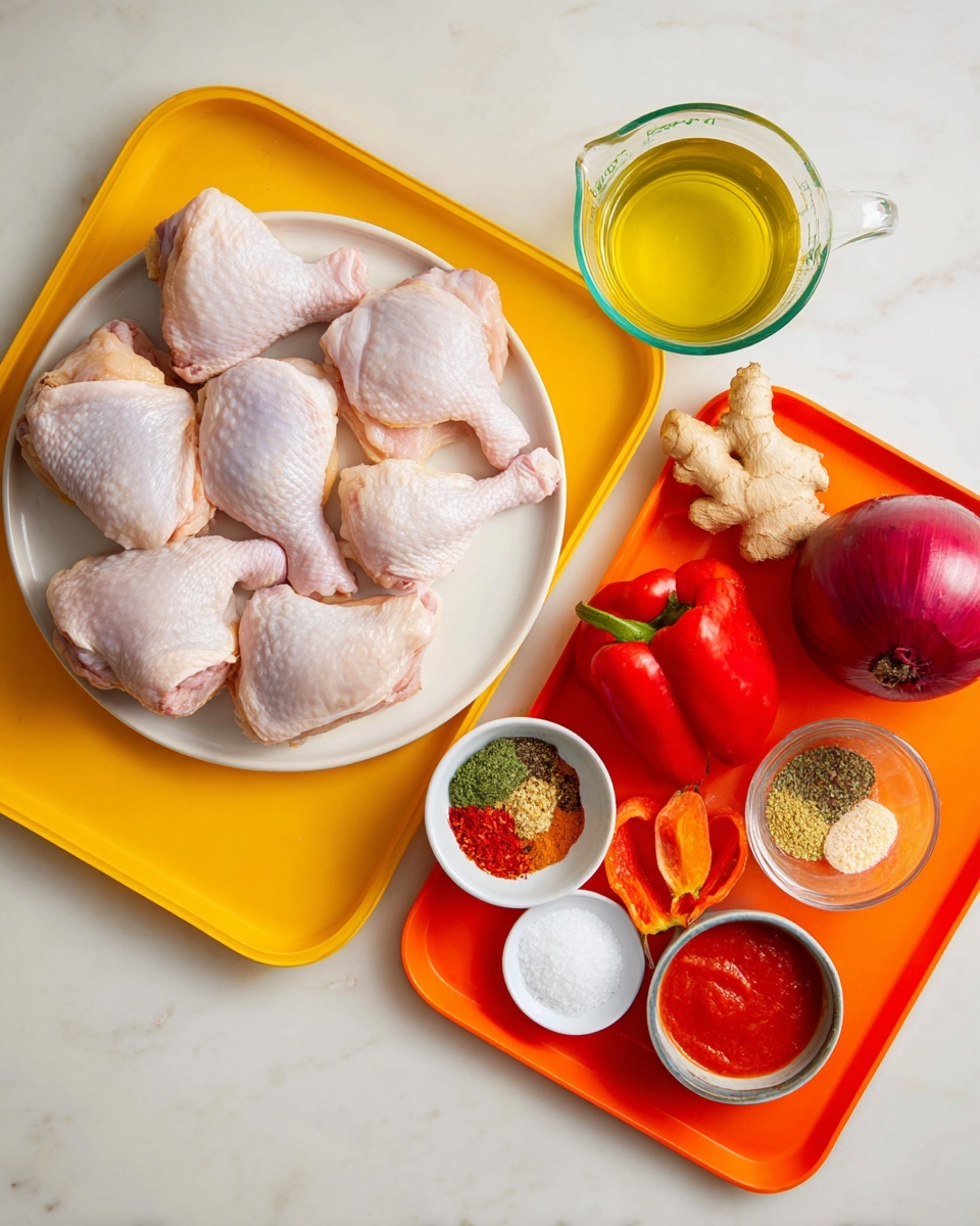 Obè Ata (Nigerian Red Chicken Stew) Recipe 4 The image shows raw chicken thighs and drumsticks arranged on a white plate placed on a yellow tray. Next to it, on an orange tray, are fresh vegetables and ingredients: a whole red onion, a clove of garlic with separate garlic pieces, two red bell peppers, two small chili peppers (one orange and one red), a chunk of ginger, a small bowl of mixed spices including yellow, red, and green herbs, two small white bowls with coarse salt and another white seasoning, a small bowl of oil, and a small metal bowl with red tomato sauce. A glass measuring cup filled with yellow liquid is partially on the yellow tray and the white marbled surface. The setup is neat and vibrant with a clean white marbled background photo taken with an iphone --ar 4:5 --v 7
