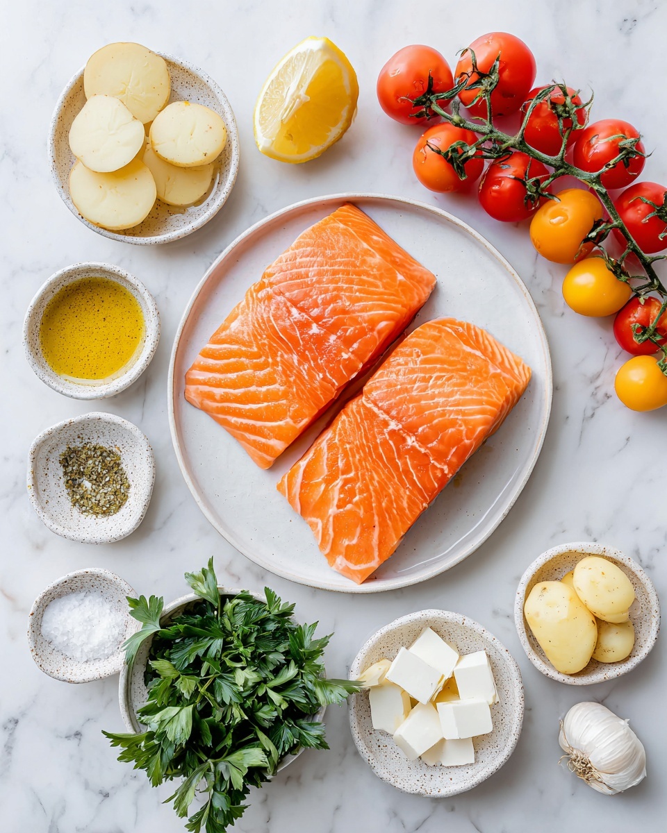 The image shows a flat lay of raw ingredients arranged on a white marbled surface. At the center is a large white plate holding three pieces of fresh salmon, two whole on the sides and two smaller pieces in the middle, all bright orange with visible lines. Around it are several small white speckled bowls: one with white potato rounds, one with golden olive oil, one with mustard sauce, one with mixed salt and herbs, and one with white cubed cheese. Near the bottom center is a bowl filled with fresh green parsley, lemon halves, and garlic cloves. On the left side, there is a vine of red and orange cherry tomatoes. The setting is bright and clean, highlighting the fresh colors and textures of the ingredients photo taken with an iphone --ar 4:5 --v 7