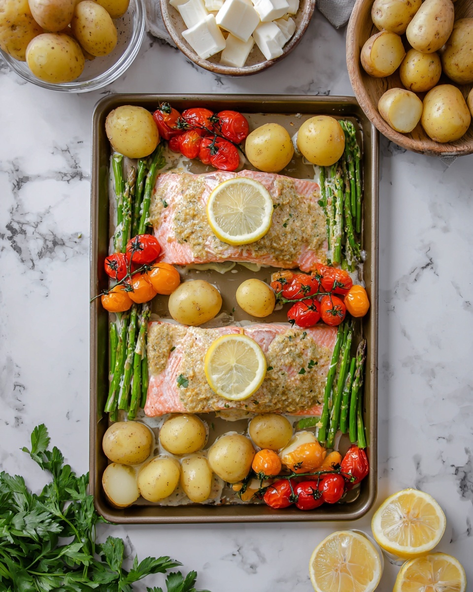 A rectangular baking tray set on a white marbled surface holds two thick, pink pieces of salmon fillet, each topped with a creamy, textured sauce and a round lemon slice. Surrounding the salmon are multiple layers of halved yellow potatoes with a smooth, moist cut side, and short green asparagus stalks cut into smaller pieces. Bright red and orange cherry tomatoes still on their green vine rest beside the salmon, adding vibrant color. In the background, bowls with whole yellow potatoes and white cubed cheese sit on the white marbled surface along with fresh green parsley leaves. Photo taken with an iphone --ar 4:5 --v 7