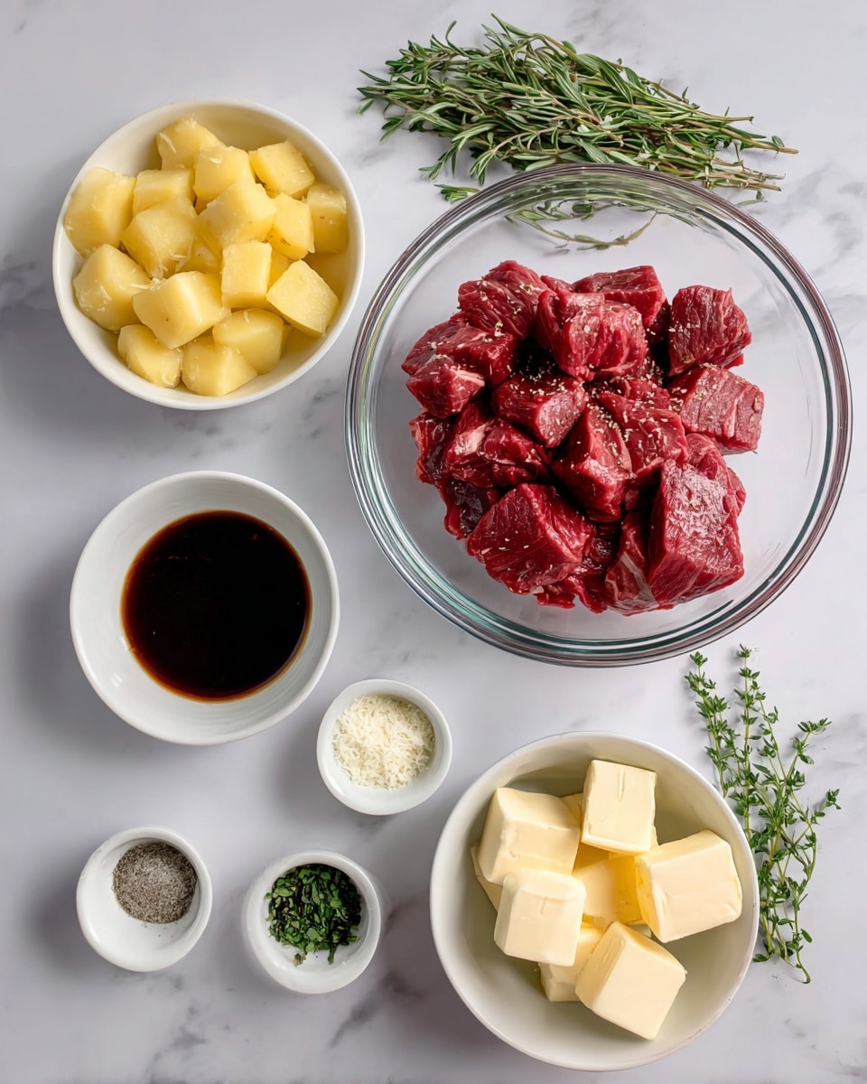 The image shows six white bowls and a few sprigs of fresh herbs arranged on a white marbled surface. At the center top, there is a large glass bowl with red pieces of steak. Below and to the left, a smaller glass bowl holds yellow potato chunks. To the left of the steak bowl, a small white bowl contains dark Worcestershire sauce. To the right of the steak bowl, a small white bowl has a mix of seasonings in black and white colors. Below the seasonings, another small white bowl holds several cubes of pale yellow butter. Fresh green herbs with thin stems and leaves lie near the bottom right. The setup is clean and simple, organized evenly with good lighting, photo taken with an iphone --ar 4:5 --v 7