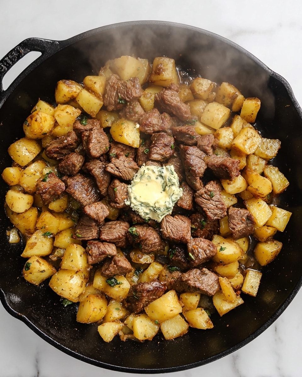 A black cast iron pan filled with two main layers: the bottom layer has small, golden brown potato cubes, some with a light crispy edge, scattered evenly across the pan. On top of the potatoes are medium-sized chunks of browned beef with a slightly seared texture. In the center, a small dollop of creamy herb butter begins to melt over the beef, creating a shiny, rich look. Light steam rises from the pan, enhancing the hot, cooked feel. The pan is set against a white marbled surface. photo taken with an iphone --ar 4:5 --v 7