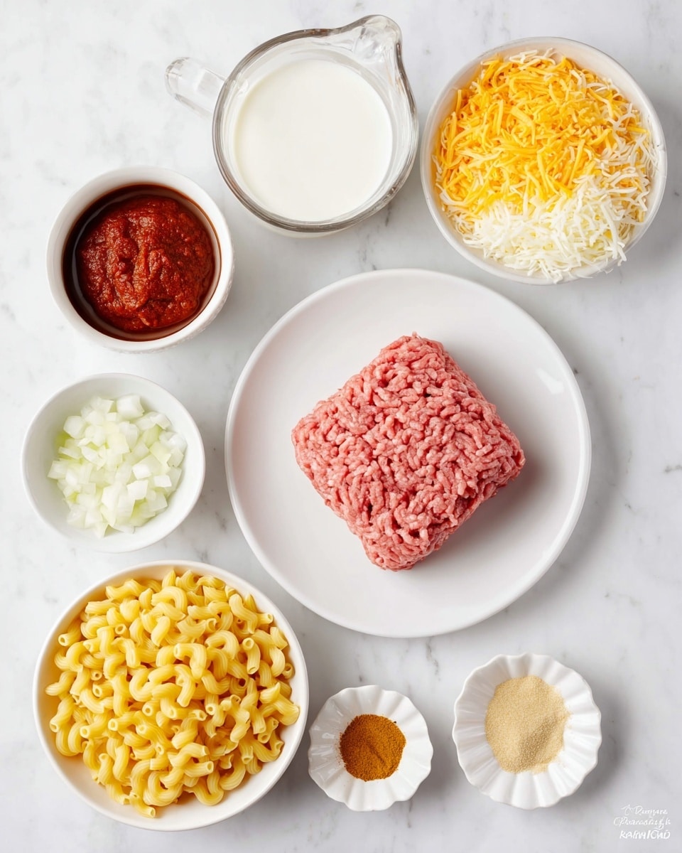 A white plate in the center holds a square block of raw ground meat with a pink color and wavy texture. Above it to the right is a white bowl filled with shredded yellow and white cheese. To the right of the plate, there is a glass measuring cup with white milk. Below the milk is a small bowl with chopped white onions. At the bottom left, there is a white bowl filled with uncooked elbow macaroni pasta, showing a smooth yellow surface. Above the pasta bowl is a small white bowl containing a thick red paste. Above the plate with meat and to the left is a small bowl of dark brown sauce. Finally, there is a small scalloped white dish at the bottom right with three powder spices in light orange, beige, and pale yellow colors. All bowls and items are set on a white marbled surface. Photo taken with an iphone --ar 4:5 --v 7