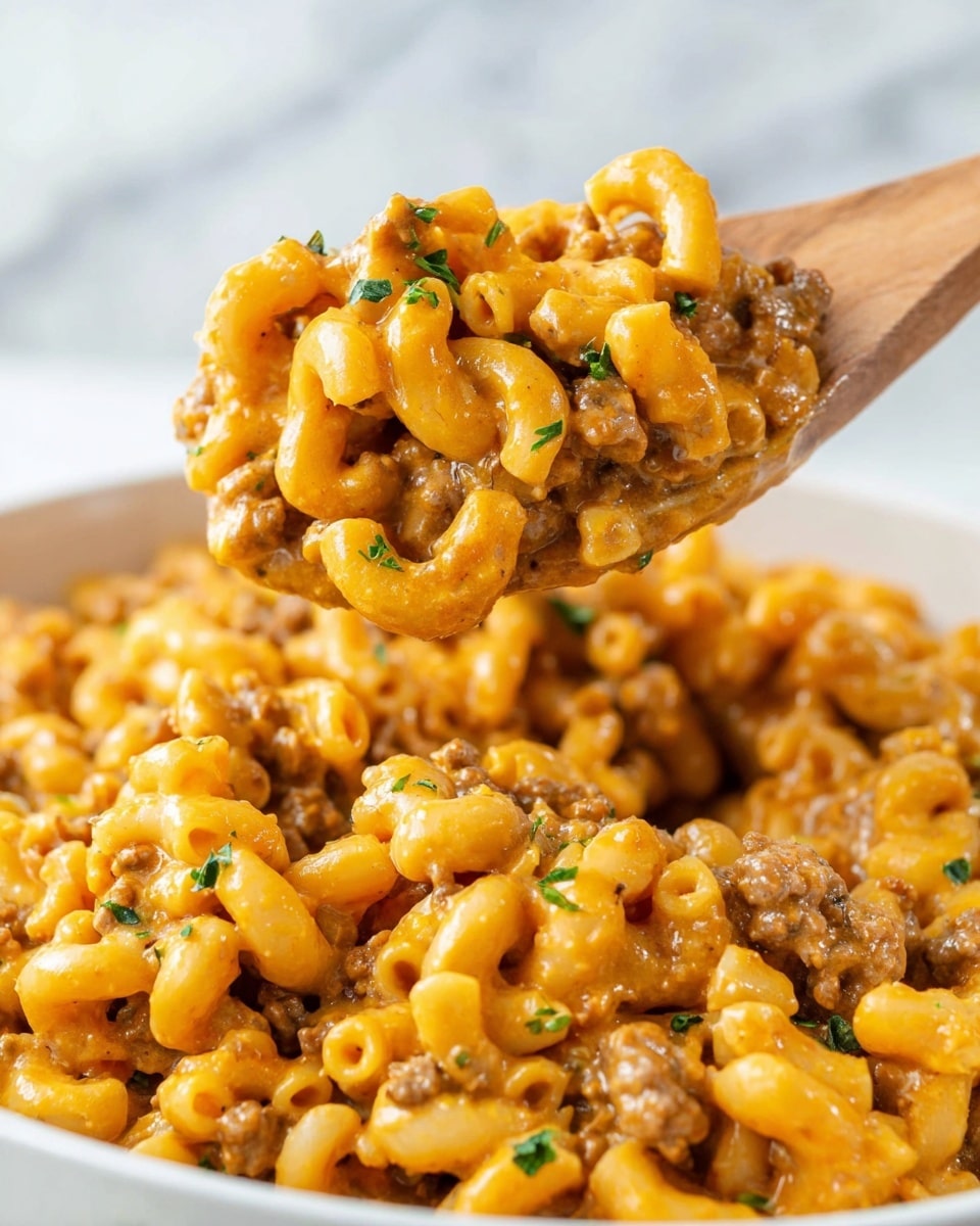 The image shows a close-up of macaroni pasta mixed with ground meat and covered in a creamy orange cheese sauce, lifted by a wooden spoon from a white bowl filled with the same dish. The pasta pieces are elbow-shaped, soft, and shiny, coated evenly with the sauce. Small green herb flakes are scattered throughout the pasta and meat, adding a touch of color contrast. The background is a soft white marbled texture that keeps the focus on the vibrant pasta dish. photo taken with an iphone --ar 4:5 --v 7