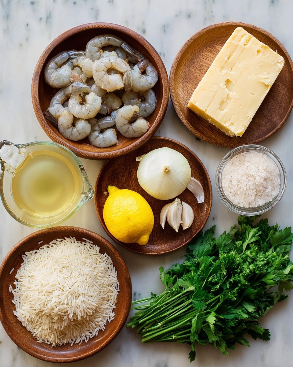 The image shows several wooden plates and bowls on a white marbled surface, each holding different ingredients. One bowl holds peeled raw shrimp, pale gray with a smooth, wet texture. Another bowl contains white uncooked rice, with long, slender grains forming a soft mound. A plate has a large pale yellow block of cheese, with a few garlic cloves and half a white onion placed beside it. A smaller plate holds a stick of creamy butter and a bright yellow lemon. Another wooden plate carries fresh, vibrant green parsley and a clear glass salt and pepper grinder with white salt inside. A clear glass measuring cup filled with pale yellow liquid is placed nearby. photo taken with an iphone --ar 4:5 --v 7