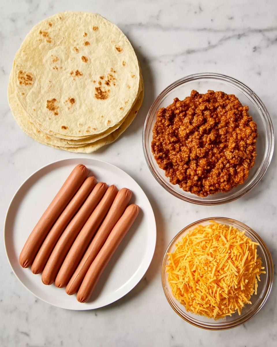 The image shows four different food items arranged on a white marbled surface in a flat lay style. At the top left, there is a small stack of pale yellow flour tortillas with brown spots, round and flat, about six layers thick. To the right of the tortillas, there is a clear glass bowl filled with reddish-brown cooked ground meat mixed with sauce, having a chunky texture. Below the tortillas, a white plate holds six smooth, shiny light brown hot dogs lined up evenly. To the right of the hot dogs, another clear glass bowl is filled with a mound of finely shredded orange cheddar cheese. All items are neatly spaced apart. Photo taken with an iphone --ar 4:5 --v 7