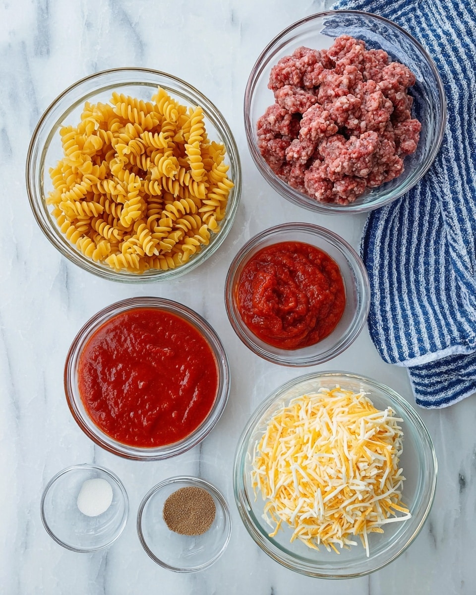 The image shows six clear glass bowls placed on a white marbled surface. The top left bowl is filled with uncooked yellow spiral pasta. To the right, another bowl contains raw ground meat with a pinkish-red color and bits of white fat. Below the pasta, a bowl holds bright red tomato sauce with a smooth texture. Next to the sauce is a bowl filled with shredded cheese in mixed white and yellow colors. Below these, a small empty glass bowl sits beside a tiny bowl containing a brown powdered spice mix. A blue and white checkered cloth is placed at the top right corner of the image. Photo taken with an iphone --ar 4:5 --v 7