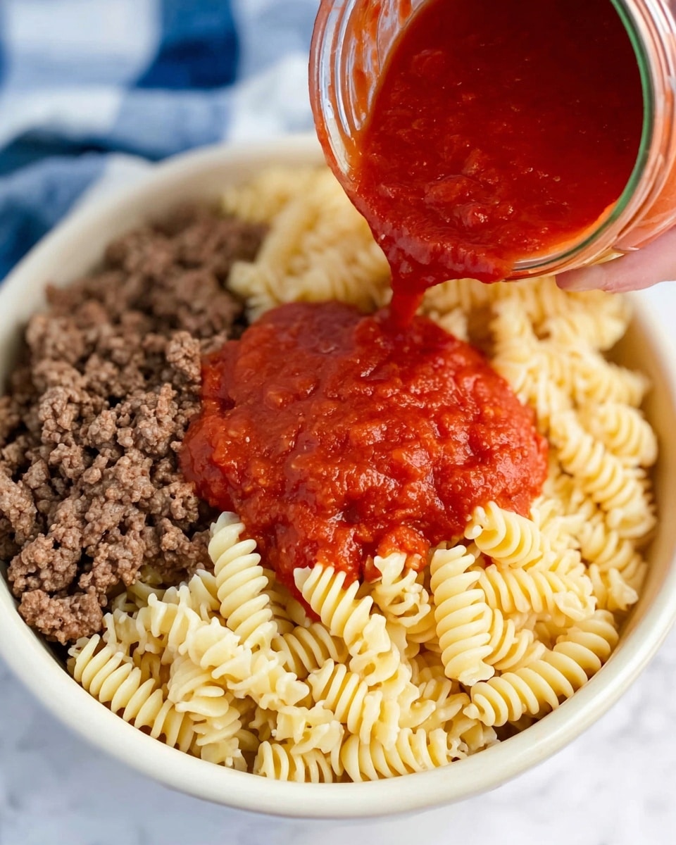 A white bowl holds two layers: the bottom layer is brown cooked ground meat with a crumbly texture, and the top layer is light yellow cooked rotini pasta with spiral shapes. Bright red chunky tomato sauce is being poured over the pasta from a glass jar held by a woman's hand at the top right corner. The background is a white marbled surface with a soft focus blue and white cloth visible in the top left. photo taken with an iphone --ar 4:5 --v 7