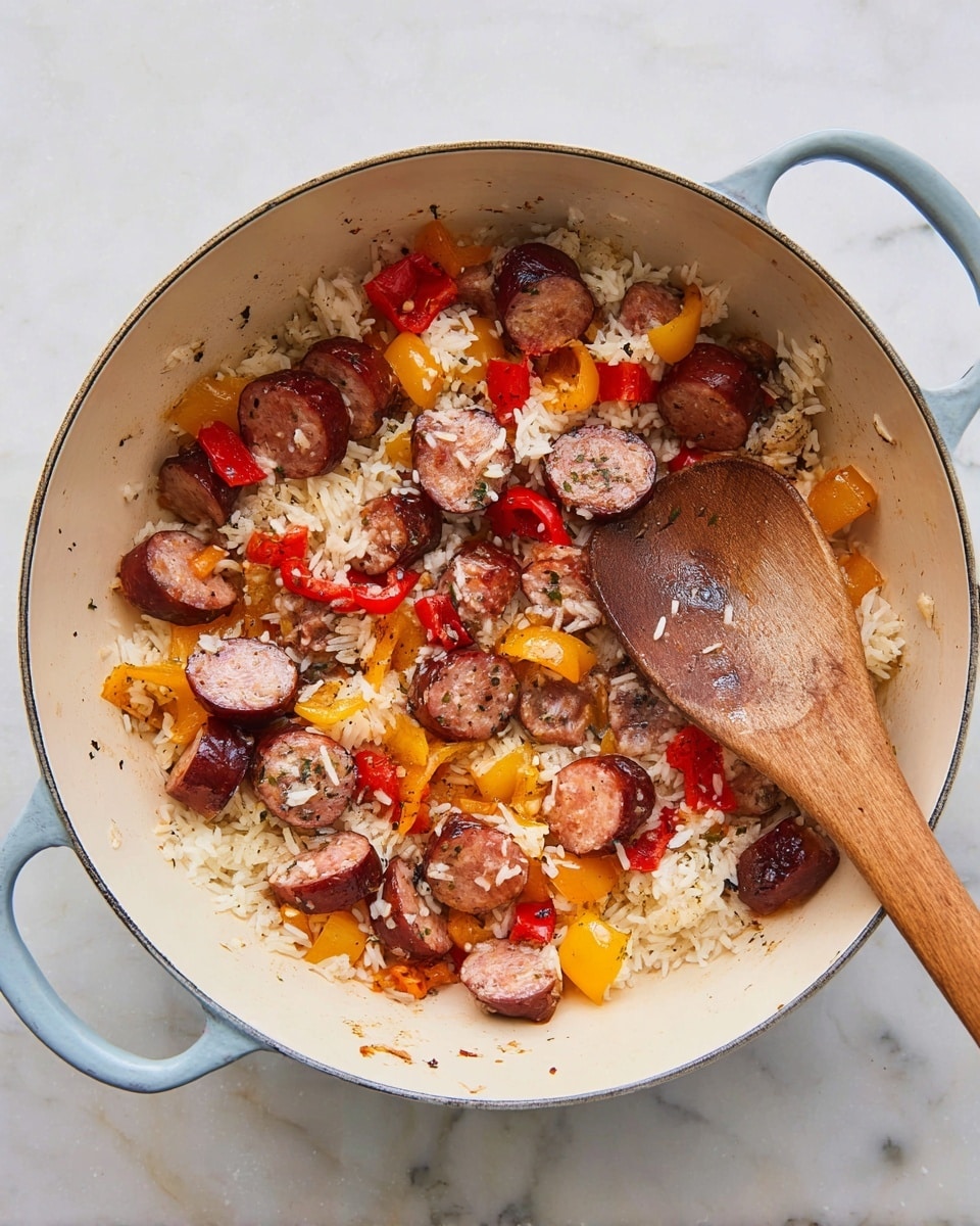 The image shows a white pot with light blue handles filled with sliced cooked sausages, white rice, and small pieces of red and yellow bell peppers. The sausages have a browned, slightly charred surface and are scattered evenly with the rice covering the bottom and some mixed in the middle. The bell peppers add bright red and yellow colors, evenly spread among the rice and sausages. A wooden spoon with a smooth polish rests inside the pot on the right side, partially covered with some rice grains. The pot is placed on a white marbled surface. photo taken with an iphone --ar 4:5 --v 7