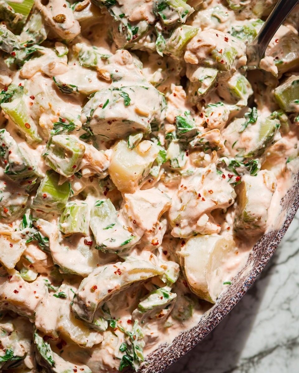 The dish is a creamy salad with three main layers visible: the base has chunky white slices of what looks like potatoes mixed with thin light green celery pieces and chopped dark green herbs. The top layer is a thick, light pink sauce that evenly coats all ingredients, with tiny red seasoning specks spread on it. The dish is kept in a close-up view, showing a smooth texture with bits of the creamy sauce clinging to the vegetables. A metal utensil is partially buried on the right side. The background shows a white marbled texture. Photo taken with an iphone --ar 4:5 --v 7