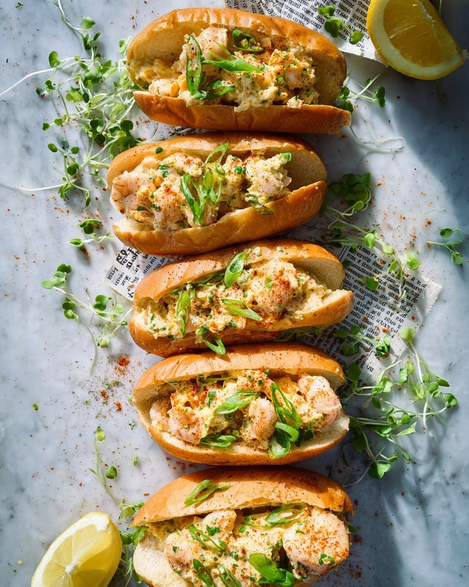 Five small sandwiches are lined up vertically on a white marbled surface, each sandwich made with a light golden soft bun split open. Inside each bun, there is a creamy mixture with light orange sauce covering chunks of pale shrimp. Small green leaves and thin green onion strips are sprinkled on top, adding touches of fresh green. The shrimp mix is dusted with a light sprinkling of reddish spice. Around the sandwiches, there are scattered microgreens, a lemon wedge, and a piece of torn newspaper. The lighting is natural, showing soft shadows and a fresh, appetizing look. Photo taken with an iphone --ar 4:5 --v 7