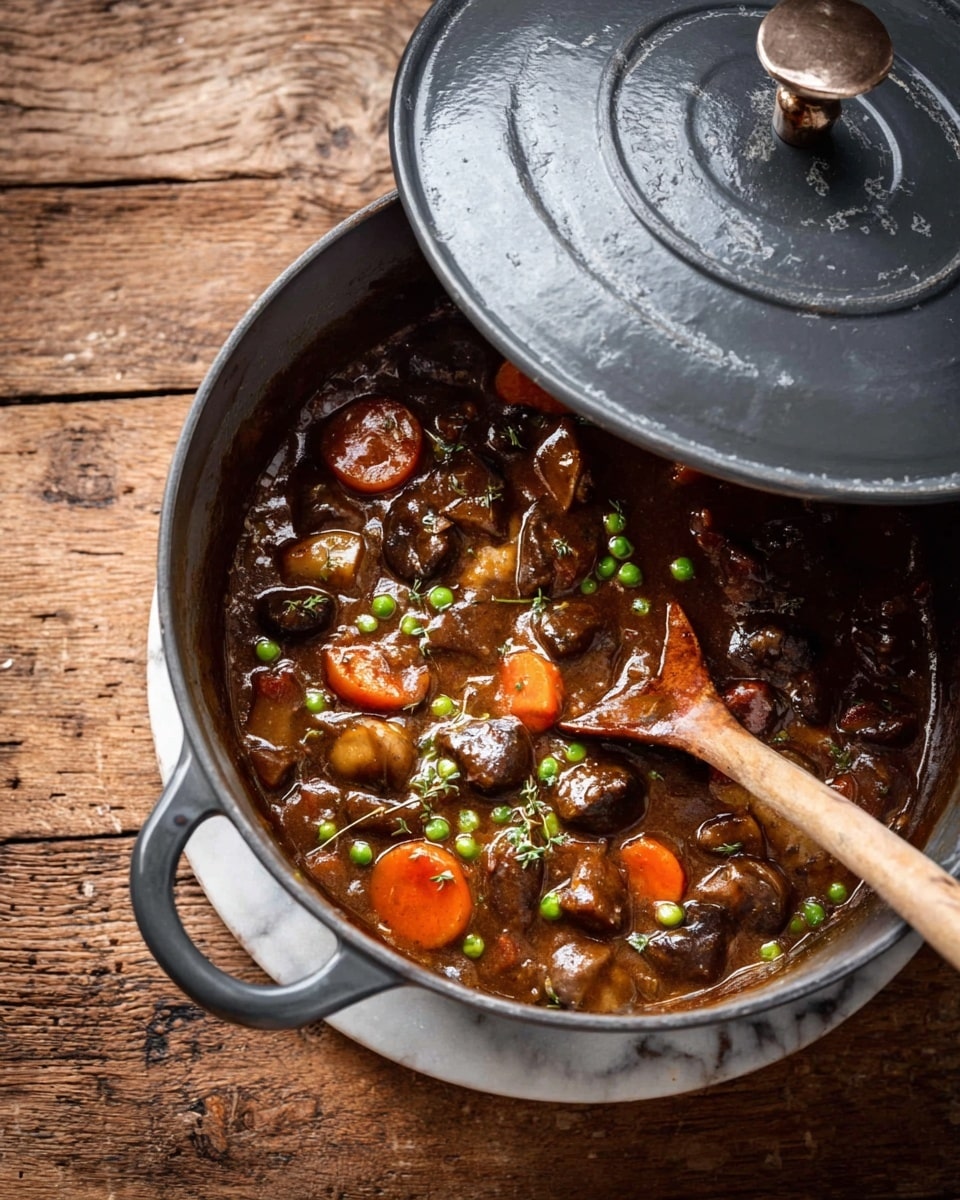 The image shows a dark gray pot with a lid slightly open, revealing thick brown stew inside. The stew has visible layers of ingredients: round orange carrot slices, small green peas, dark brown mushrooms, and chunks of meat, all mixed in a glossy brown sauce with a slightly chunky texture. A wooden spoon rests inside the pot, partially submerged in the stew. The pot is set on a white marbled surface that contrasts with the rustic wooden table shown in the background. The photo is taken with an iphone --ar 4:5 --v 7