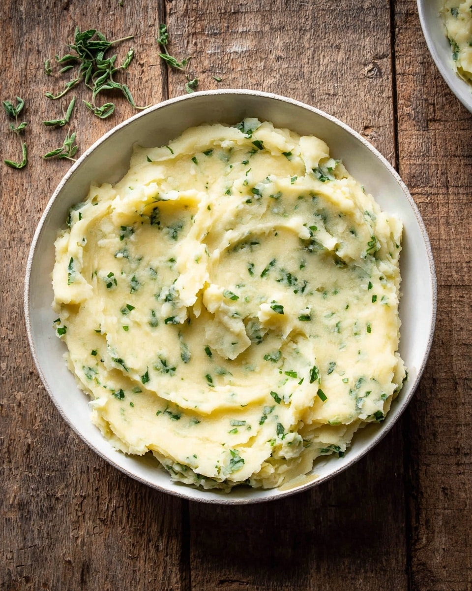 A bowl of mashed potatoes with small bits of green herbs mixed throughout the creamy pale yellow base, spread unevenly inside a white bowl showing smooth and slightly lumpy textures. The bowl sits on a rustic wooden surface with a few scattered green herb leaves around it. The mashed potatoes have soft peaks and swirls, with some areas showing gentle indentations on the top layer photo taken with an iphone --ar 4:5 --v 7