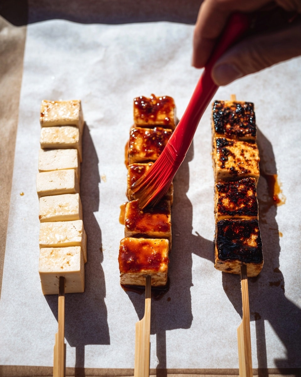 Three wooden skewers lie on a white marbled background lined with parchment paper. The first skewer on the left has five light cream-colored tofu cubes that look firm and fresh. The middle skewer has five tofu cubes, each coated with a shiny reddish-brown sauce, being brushed by a woman's hand holding a small red brush. The third skewer on the right holds five tofu cubes with a darker, charred brown sauce evenly covering the top surface, showing a grilled texture. Bright sunlight casts soft shadows, highlighting the glaze and texture of the tofu. Photo taken with an iphone --ar 4:5 --v 7