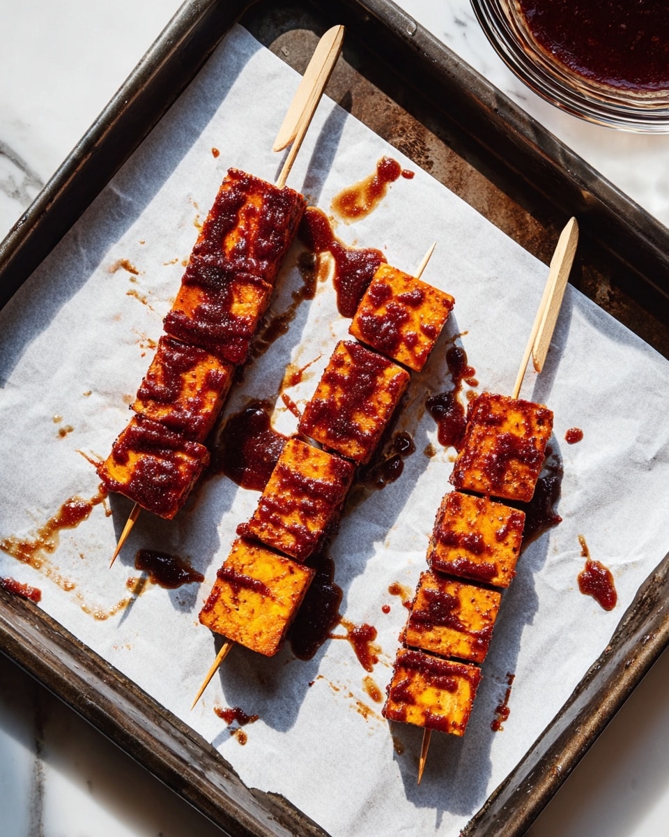 Three wooden skewers each hold six orange cubes of tofu covered with a dark reddish-brown sauce. The tofu pieces have a slightly shiny, textured surface and are arranged in a row on white baking paper inside a dark metal tray. Some sauce has dripped onto the baking paper, creating small puddles and streaks around the skewers. The tray is set on a white marbled surface, with soft light casting clear shadows. A glass bowl with more sauce is partially visible in the upper right corner. Photo taken with an iphone --ar 4:5 --v 7