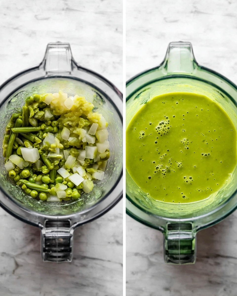 The first image shows a top view of a clear blender jar filled with a chunky mixture of vegetables and broth. The mixture has small green peas, green beans, and white pieces that look like chopped potatoes or similar vegetables, sitting in a light green broth. The ingredients are layered and uneven in color and texture, giving a fresh, natural look. In the second image, the blender jar is filled with a smooth, thick, bright green sauce or soup, with some small bubbles and a creamy texture visible on the surface. Both images show the blender on a white marbled surface. The photo looks clean and bright, captured with natural light. photo taken with an iphone --ar 4:5 --v 7