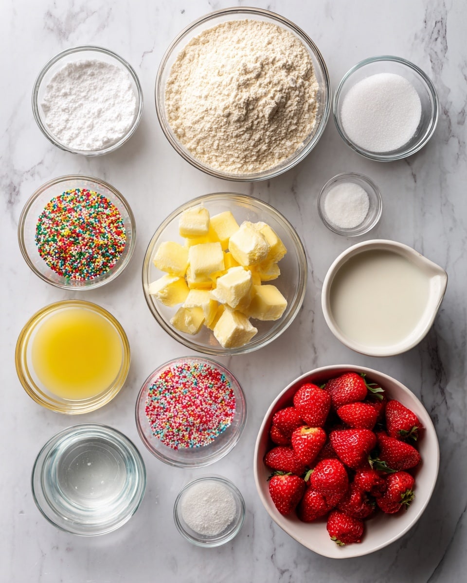 The image shows several clear glass bowls arranged on a white marbled surface, each holding different ingredients. At the top center is a large bowl filled with light beige flour, to its left is a small bowl of white salt and below that a bowl with white powdered sugar. Below these is a medium bowl filled with yellow butter pieces. To the right of the flour bowl is a small mound of colorful sprinkles in red, yellow, green, and pink. Below the sprinkles is a small bowl with light yellow lemon juice and next to it another small bowl with creamy white milk. At the bottom right is a white bowl filled with bright red strawberries, some whole and some with their tops removed. Below the butter are two small clear bowls with white sugar and clear water. The bowls and ingredients are arranged neatly with good lighting highlighting the vibrant colors and textures of each item, on a white marbled surface photo taken with an iphone --ar 4:5 --v 7