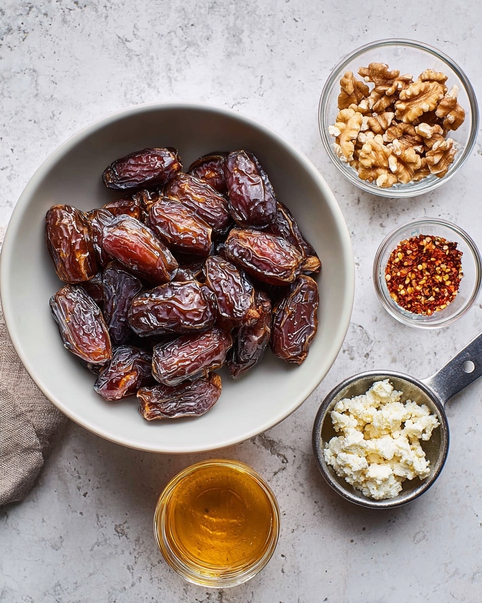 A large white bowl filled with dark brown dates with wrinkled skin is placed on a white marbled surface. To the right, there is a metal measuring cup with light brown walnut halves, a small clear glass bowl filled with red chili flakes, a small dark bowl with white cottage cheese, and a small clear glass of golden honey. The overall arrangement is neat and the colors vary from dark brown to light cream and golden yellow, with a textured stone-like white marbled background photo taken with an iphone --ar 4:5 --v 7