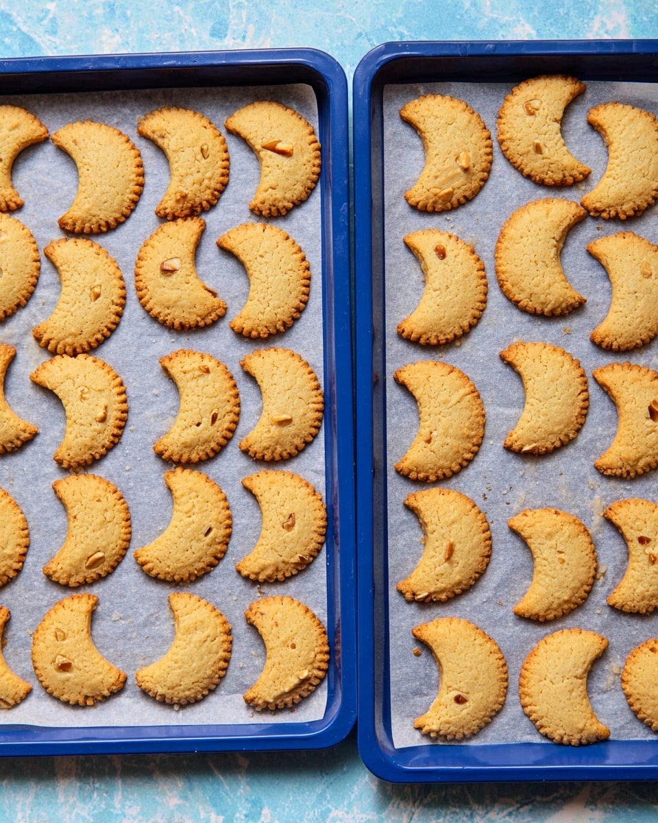 Two blue baking trays are filled with crescent-shaped cookies on white parchment paper. Each cookie is golden brown with a slightly rough texture and small nut pieces visible inside. The cookies have scalloped edges and are evenly spaced across both trays. The background shows a soft blue surface with a white marbled texture beneath the trays. photo taken with an iphone --ar 4:5 --v 7